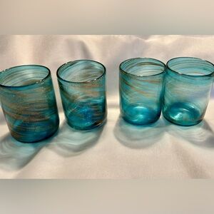 4 Artland lowball, Aqua blue with Gold shimmer glasses. 5” Handblown